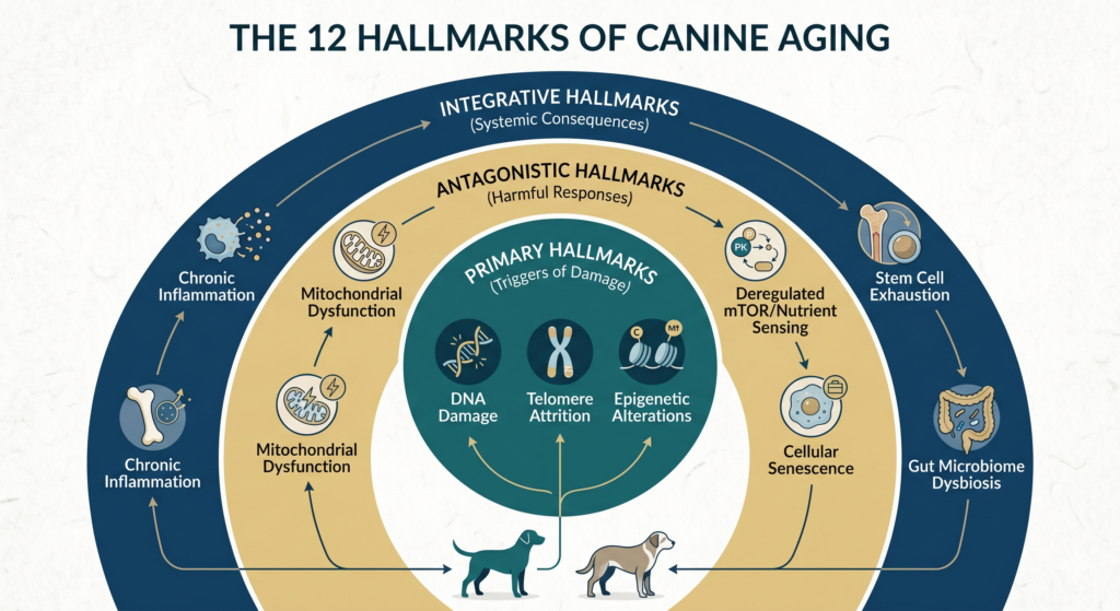 Scientific infographic showing the 12 hallmarks of canine aging in veterinary geroscience research