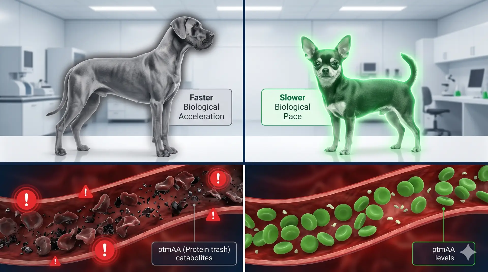Large vs Small Dog Biological Aging – Science Explained Great Dane showing faster biological acceleration versus Chihuahua with slower biological pace, with blood cell and ptmAA catabolite comparison
