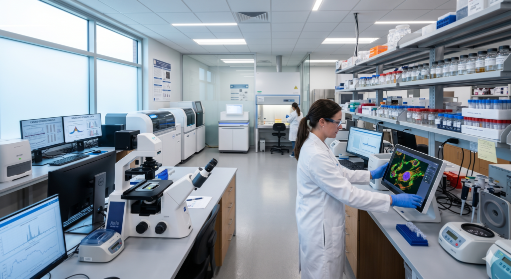 A veterinary researcher evaluating metabolic biomarkers and nutrient signaling pathways in a canine geroscience study laboratory setting.