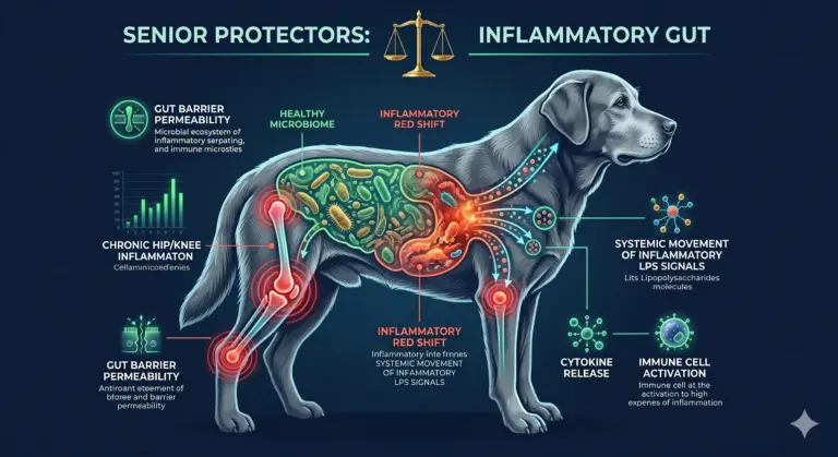 Infographic showing how gut microbiome imbalance and intestinal permeability lead to systemic inflammation and joint pain in dogs with osteoarthritis.