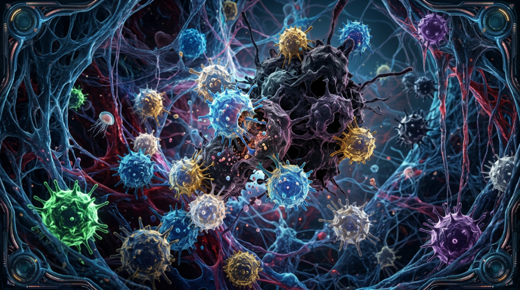 Immune cells targeting a cancer cell with spiky projections