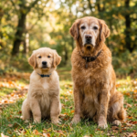 Golden retriever puppy and older golden retriever sitting on a forest path with autumn leaves