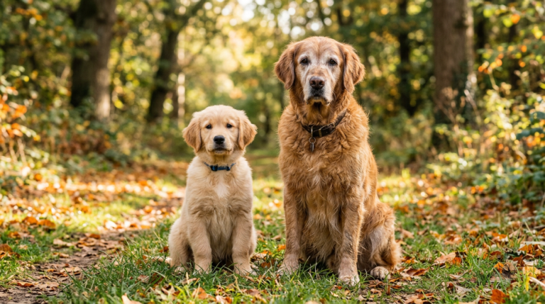 Golden retriever puppy and older golden retriever sitting on a forest path with autumn leaves