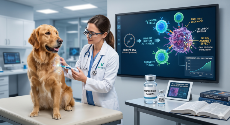 A scientific diagram illustrating T-cell infiltration and cellular mechanisms of dog cancer immunotherapy