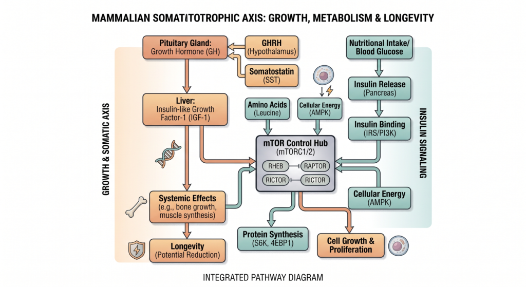 A detailed scientific flowchart diagram depicting the somatotrophic axis, growth hormone, and IGF-1 pathway interactions that influence cellular replication and canine aging speeds.