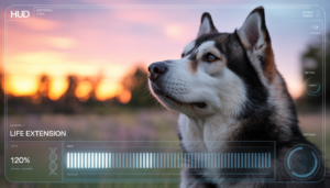 Senior Husky dog gazing into the distance at sunset, with a scientific HUD overlay displaying DNA helix and life extension data, symbolizing canine longevity research