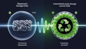Split-screen scientific infographic showing two spherical cell models: left side shows continuous rapamycin dosage causing cellular suppression with gray compressed cells, right side shows intermittent pulse dosage triggering autophagy with green healthy cells and a recycling symbol