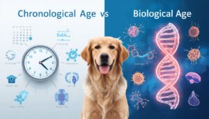 Scientific infographic showing a Golden Retriever between two panels: left panel illustrates chronological age with a clock and calendar, right panel shows biological age with a glowing DNA helix and cellular biomarkers