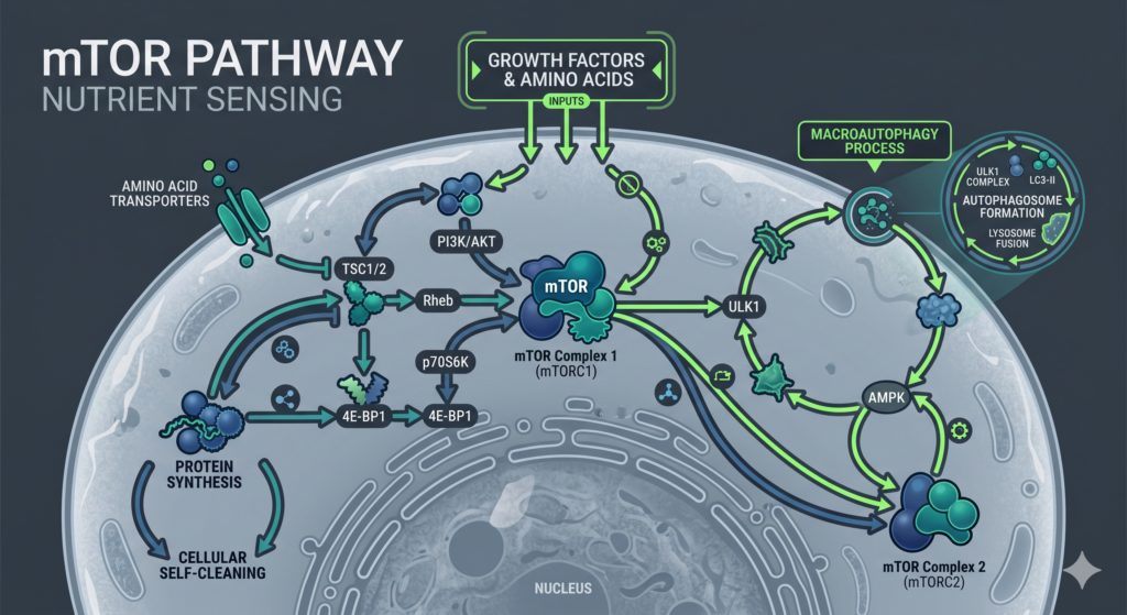 A conceptual scientific illustration of the cellular mTOR signaling pathway regulating metabolism, macroautophagy, and cellular health for rapamycin for dogs research.