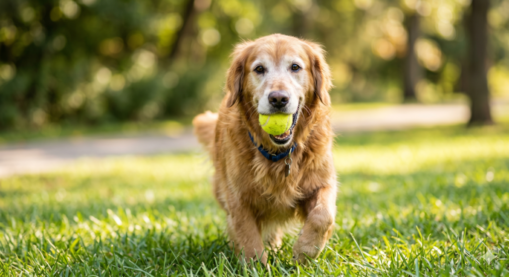 Healthy senior Golden Retriever playing fetch outdoors, representing canine healthspan, active aging, and dog longevity science