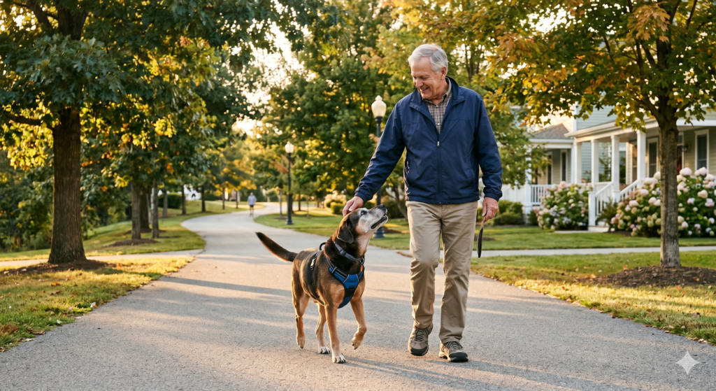 Older adult walking with a senior dog, representing healthy aging, One Health, and the human-animal bond