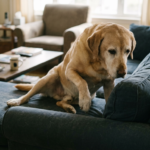 Older golden retriever dog sitting on a blue couch in a living room