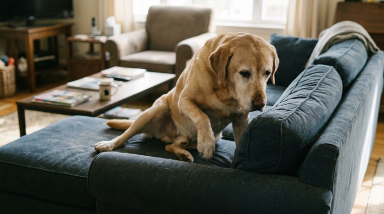 Older golden retriever dog sitting on a blue couch in a living room