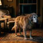 Golden retriever dog standing on a rug in a softly lit living room. dog dementia signs
