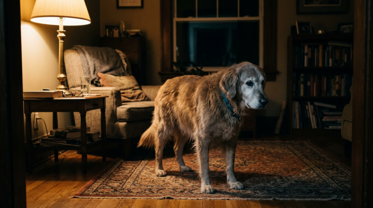 Golden retriever dog standing on a rug in a softly lit living room. dog dementia signs