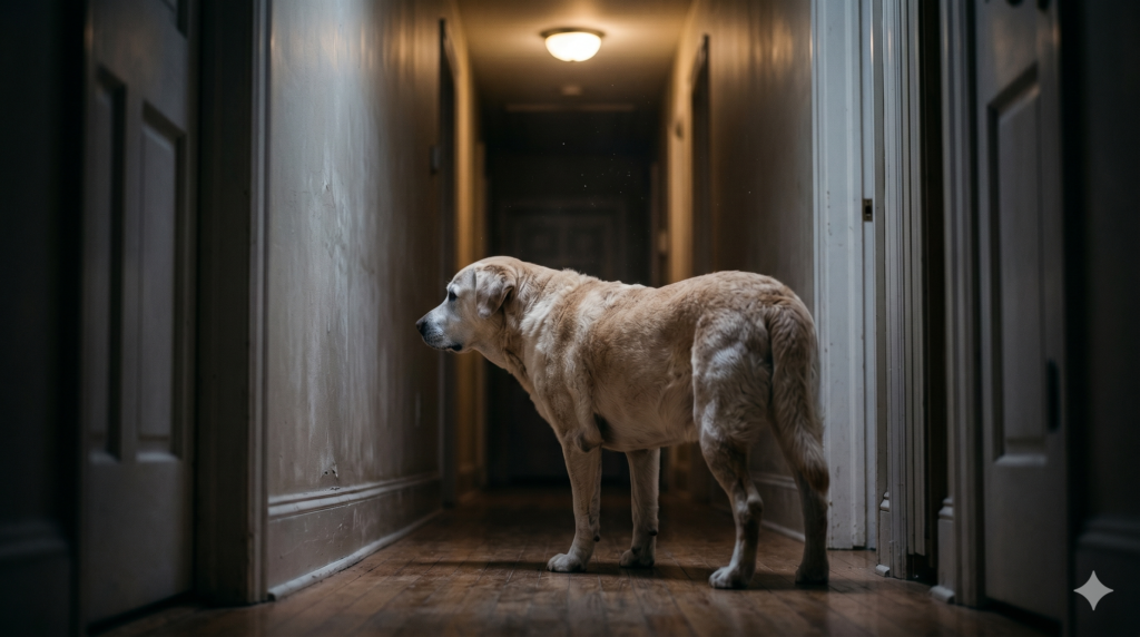 dog dementia signs — senior dog staring blankly at the wall