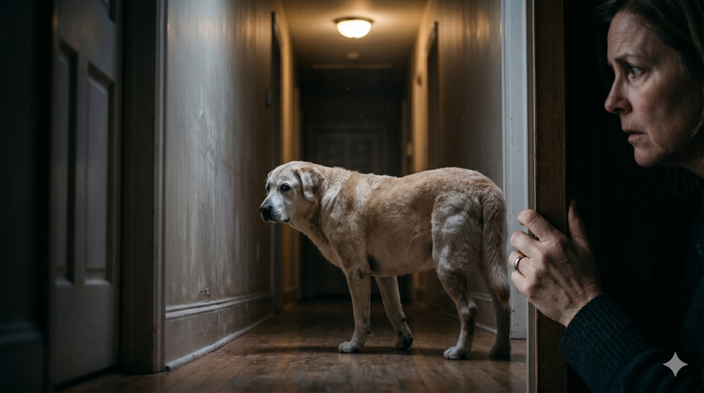 dog dementia signs — elderly dog pacing anxiously at night