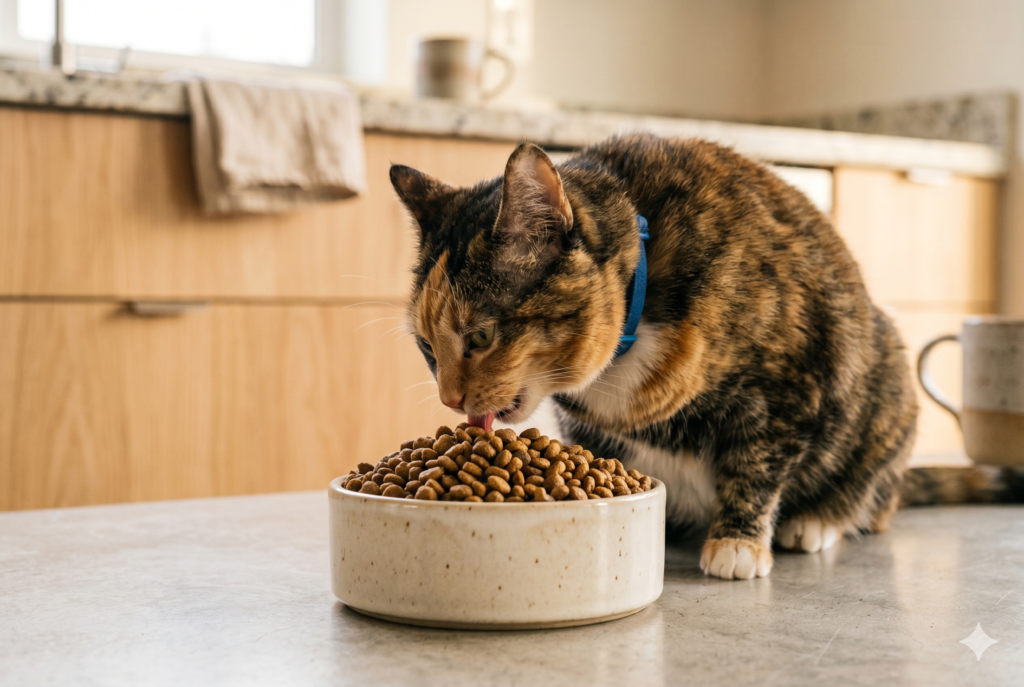 cat free feeding from a full bowl leading to weight gain