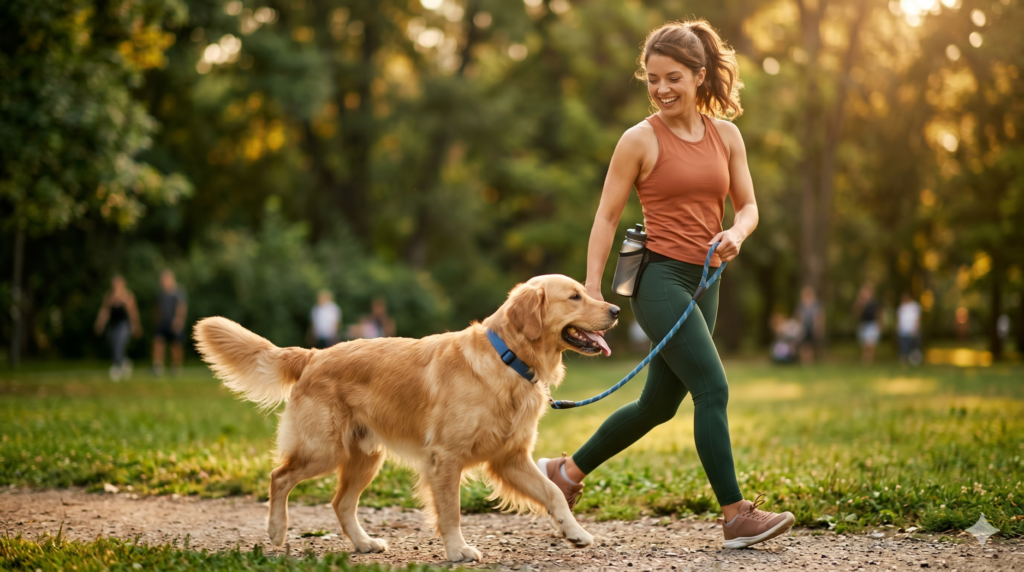 healthy active dog on a walk maintaining ideal weight