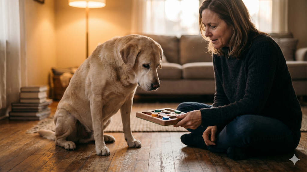 senior dog cognitive decline — owner using puzzle toy for brain enrichment