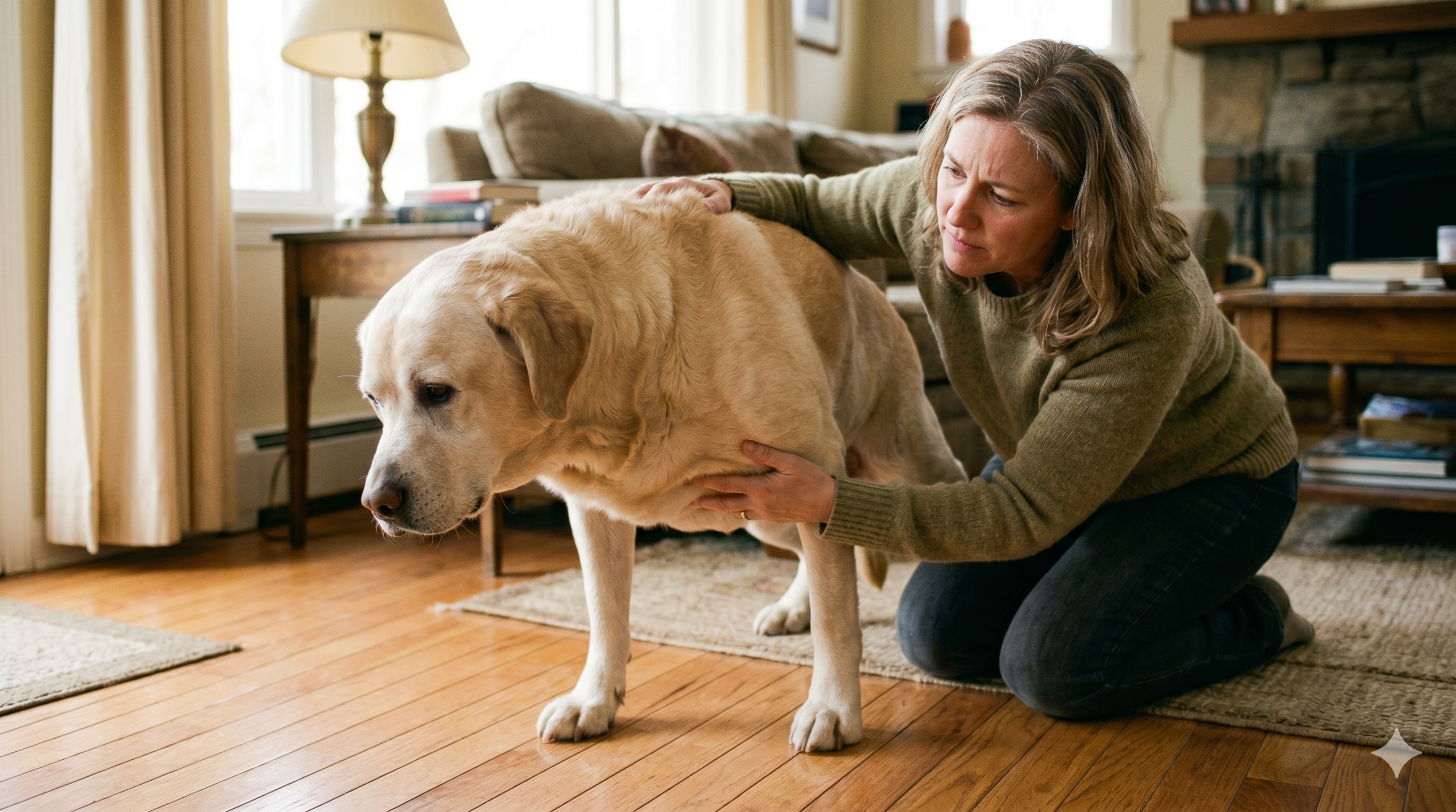 senior dog health tips — owner checking dog's mobility at home