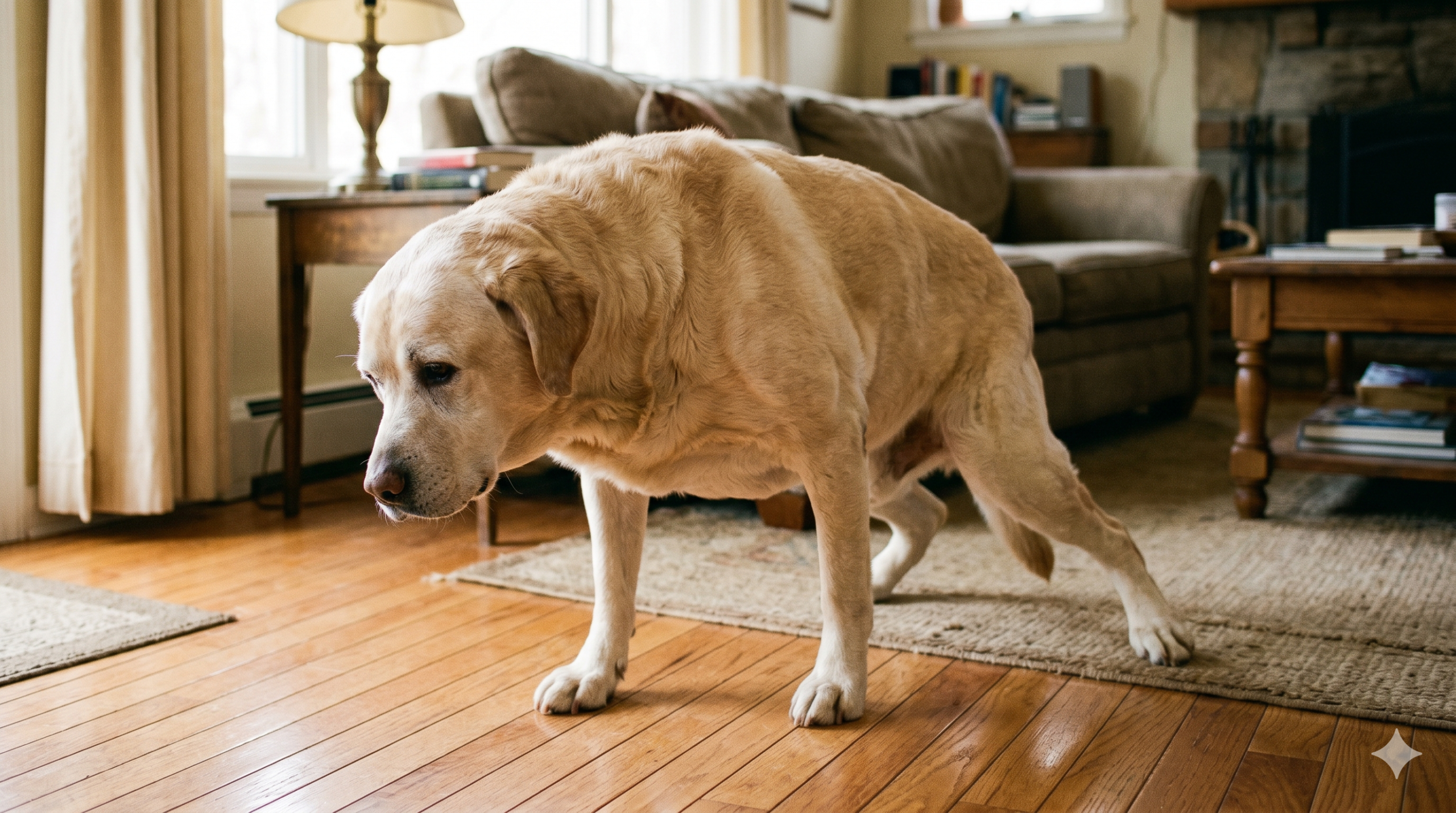 senior dog pain signs — elderly dog struggling to get up
