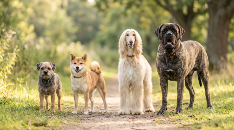 Different dog breeds of varying sizes standing together, illustrating dog breed longevity differences