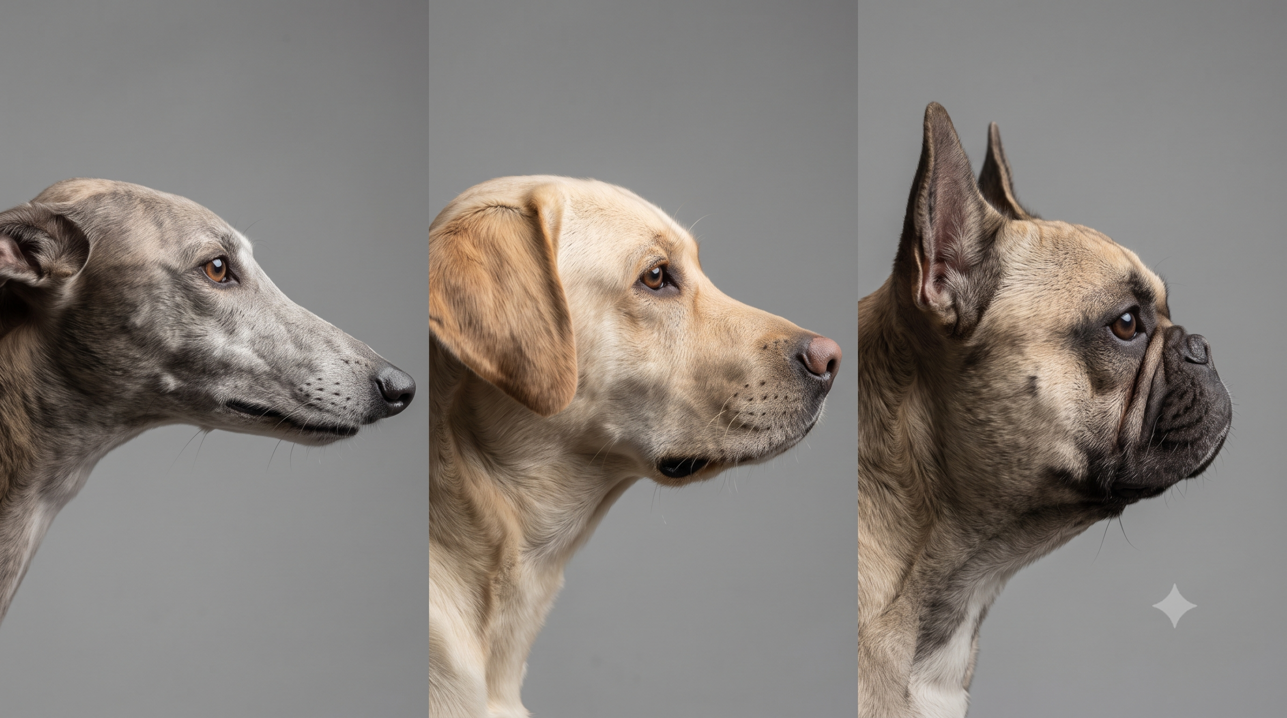 Side-by-side comparison of dolichocephalic, mesocephalic, and brachycephalic dog skull shapes