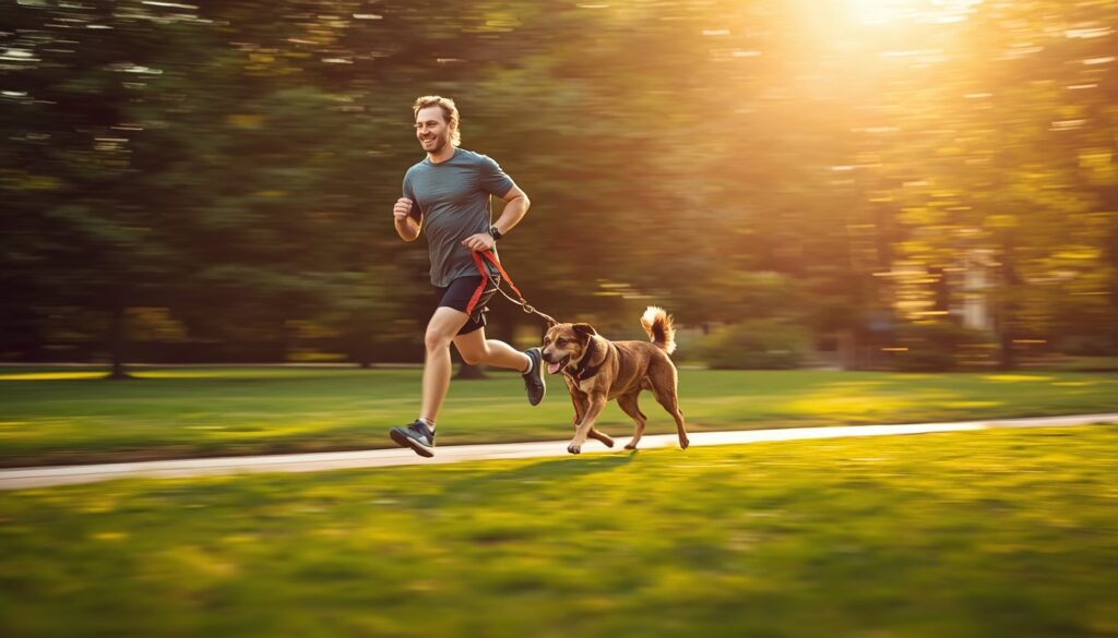 owner exercising a fit dog to support long healthy life