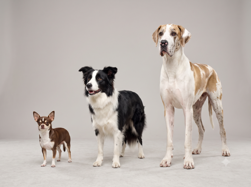 Comparison of small, medium, and large dog breeds showing size-related lifespan differences