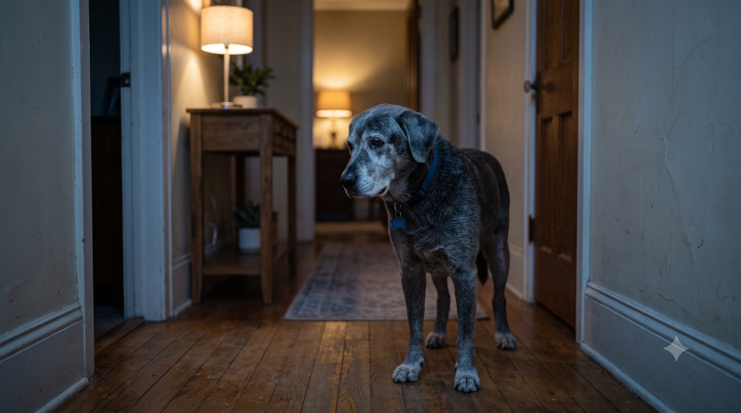 Senior dog showing nighttime disorientation, a common early sign of canine cognitive dysfunction