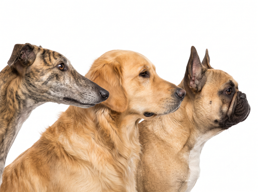 Side-by-side comparison of dolichocephalic, mesocephalic, and brachycephalic dog skull shapes