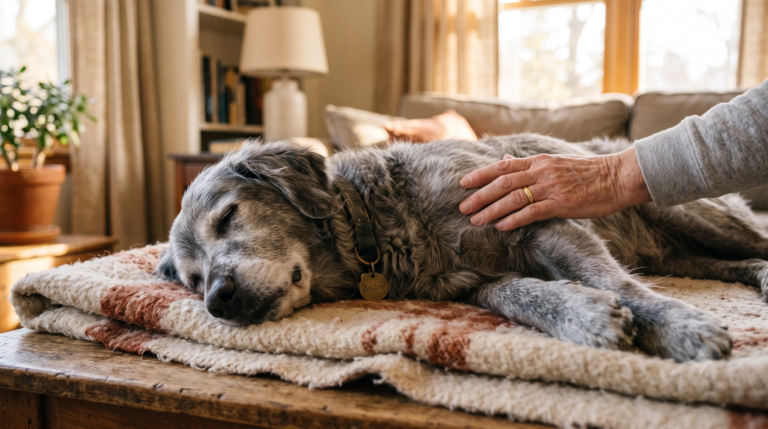 Senior dog resting at home, representing the importance of tracking senior dog health over time