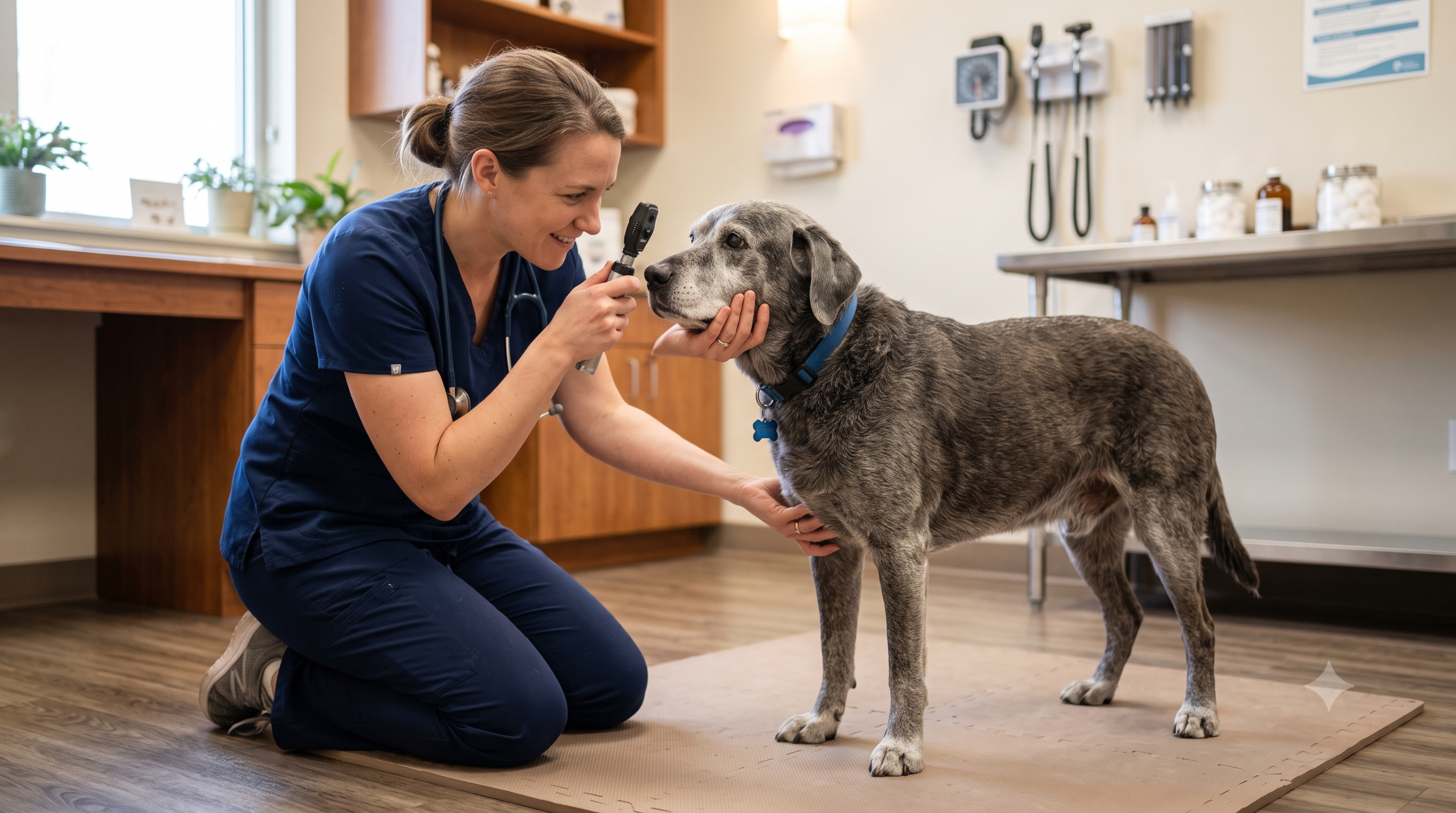 Veterinarian examining a senior dog during a routine health screening for hidden medical conditions