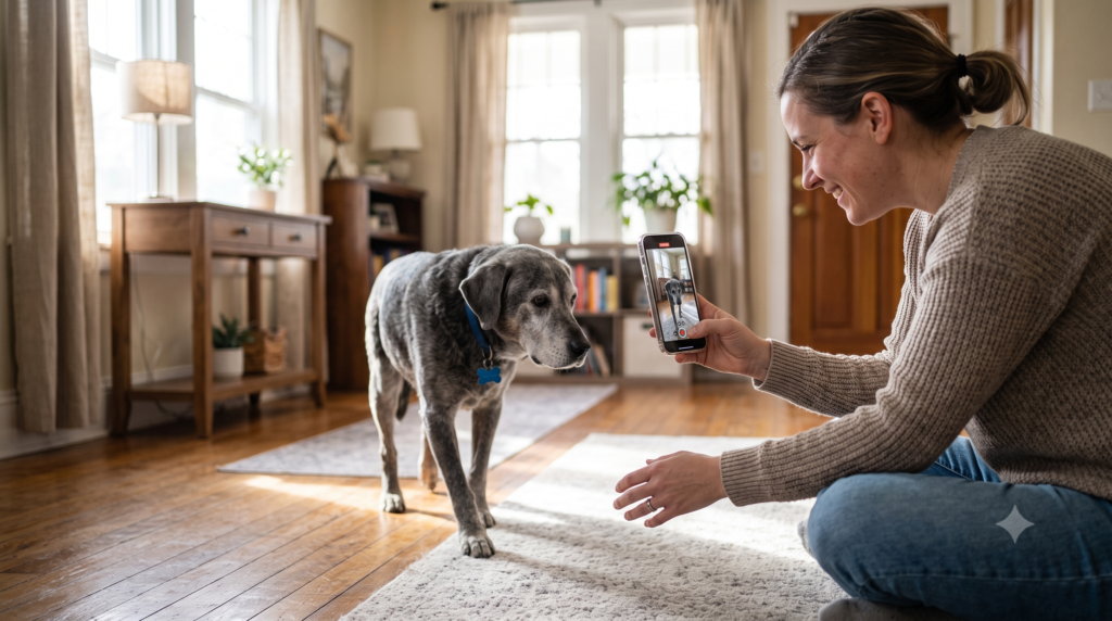 Dog owner recording video footage of a senior dog to track mobility and behavior changes at home